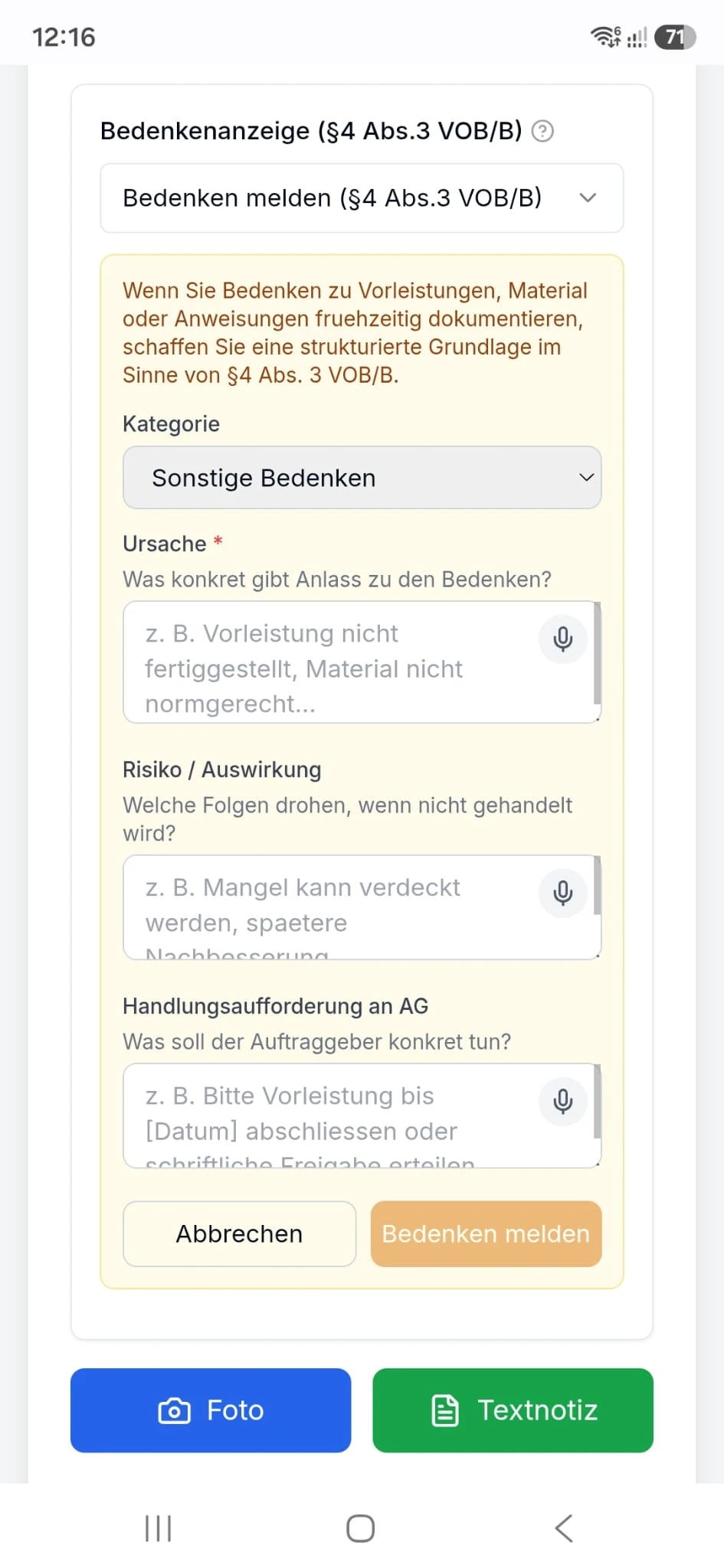 Eingabemaske für eine Bedenkenanzeige in der mobilen Ansicht