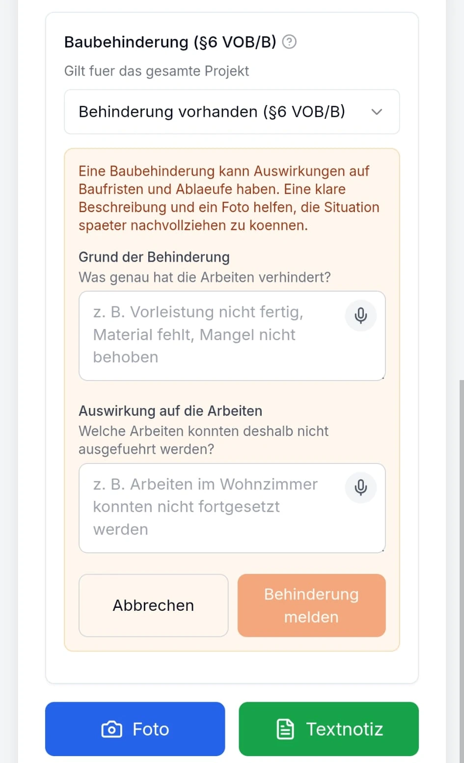 Eingabemaske für eine Baubehinderung in der mobilen Ansicht