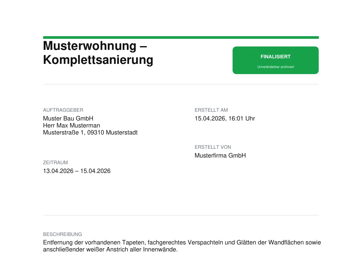 Vorschau eines finalisierten Projektberichts als PDF