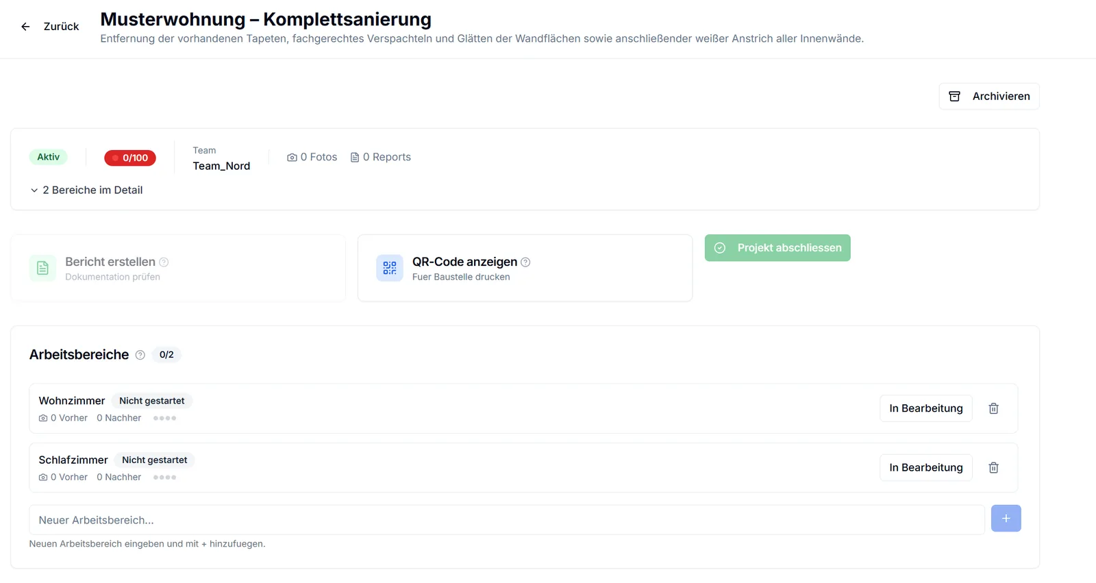 Projektansicht mit Arbeitsbereichen