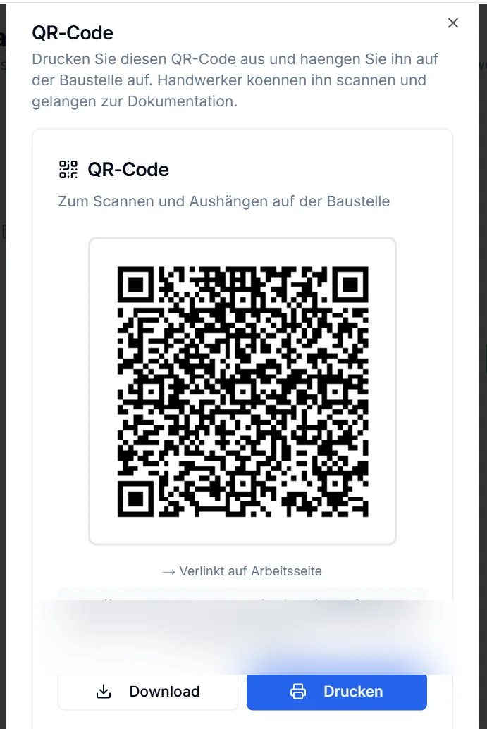 Meisteransicht: Projekt-QR-Code mit Download und Drucken