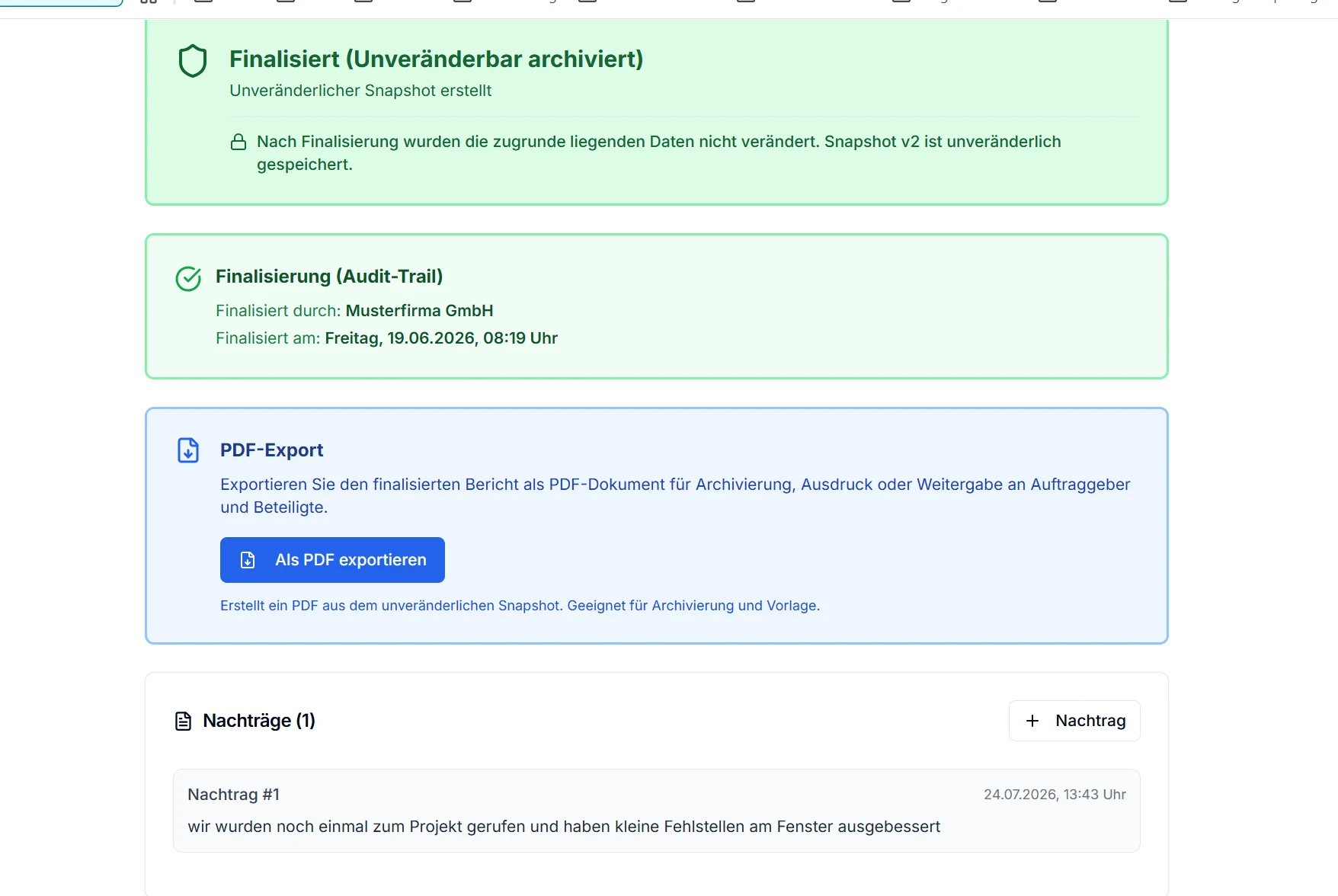 Finalisierter Bericht mit dokumentierter Finalisierung und separatem Nachtrag