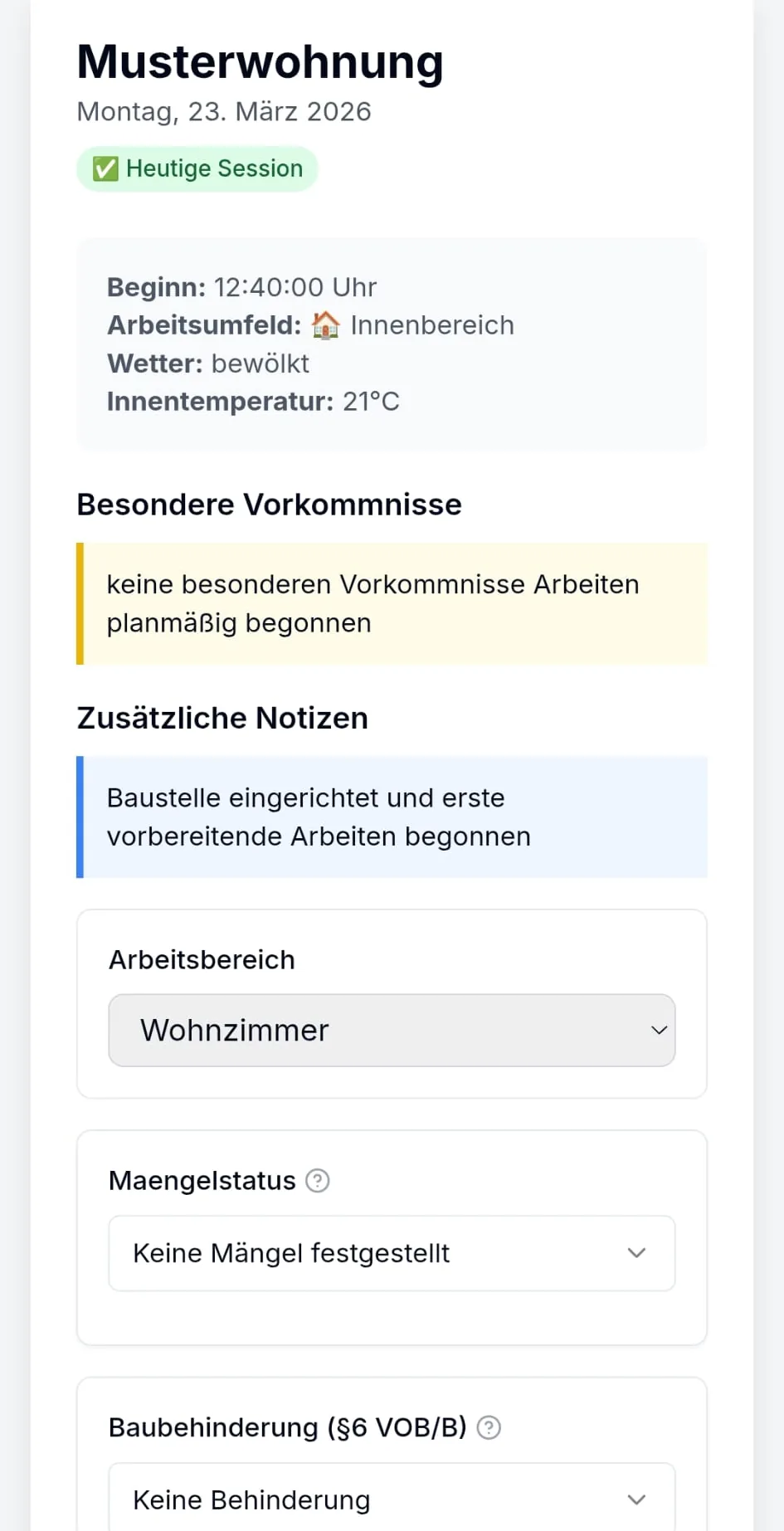 Aktuelle Session mit Tagesdaten, Notizen und Arbeitsbereich