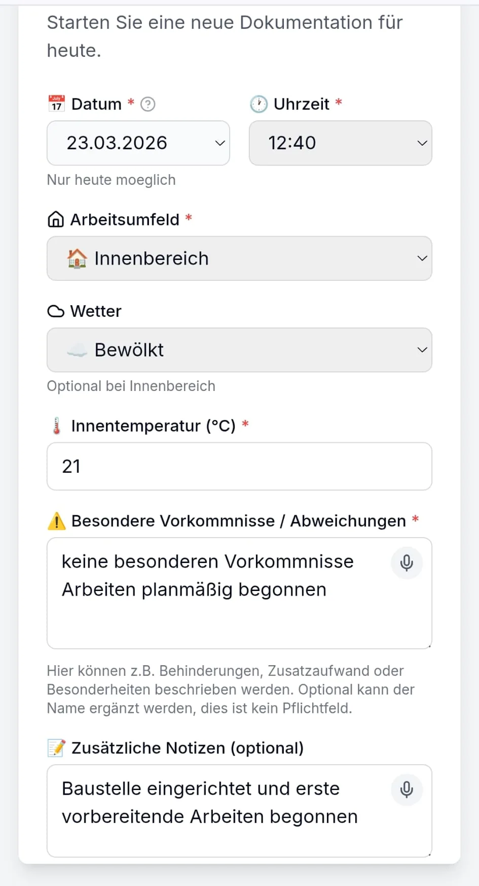 Anlegen der tagesbezogenen Dokumentations-Session mit Tagesdaten